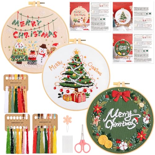 JSRQT 3 Stücke Christmas Beginner Embroidery Kits,Weihnachten Stickerei Starter Kit,DIY Handgemachte Kreuzstich Set,Embroidery Cross Stitch Starter Kit für Anfänger von JSRQT