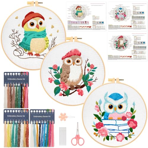 JSRQT 3 Stücke Eule Stickerei Starter Kit für Erwachsene Anfänger,DIY Handgemachte Kreuzstich Set, Nadelspitzen Embroidery Kit für Heimdekoration von JSRQT