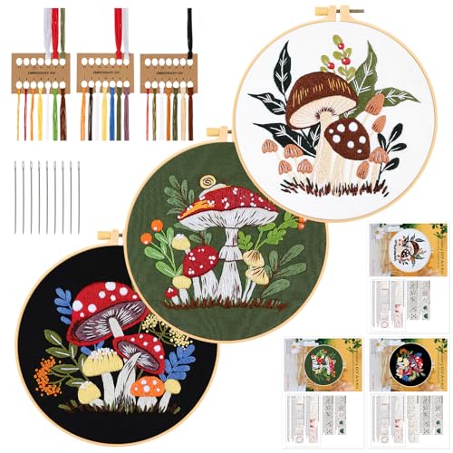 JSRQT 3 Stücke Stickerei Starter Kit,Pilz Stickerei Kreuzstich Set Kit für Erwachsene Anfänger,Gestempelten Embroidery Set für DIY Kunst Handwerk von JSRQT