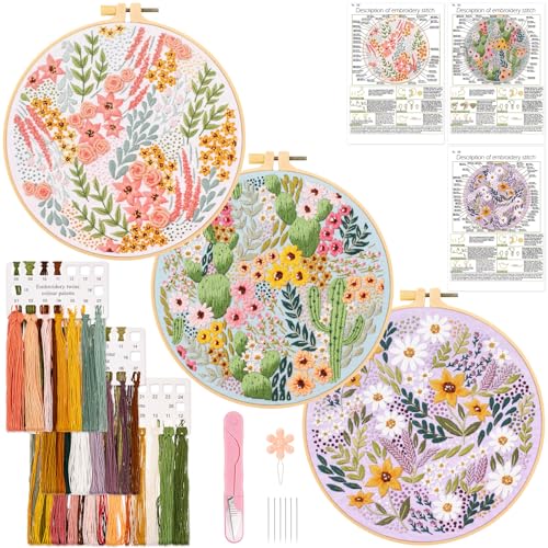 JSRQT 3 Stücke Stickerei Starter Kit Mit Blumen und Pflanzen,DIY Handgemachte Gestempeltes Stickerei Kreuzstich Set, Embroidery Starter Kit für Anfänger von JSRQT