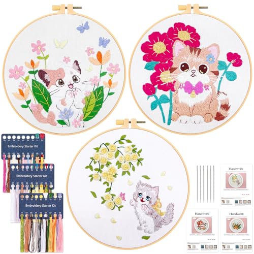 JSRQT 3 Stücke Stickerei Starter Kit mit Katzen und Blumen, Stickerei Kreuzstich Set Kit für Erwachsene Anfänger,Gestempelten Embroidery Set für DIY Kunst Handwerk von JSRQT