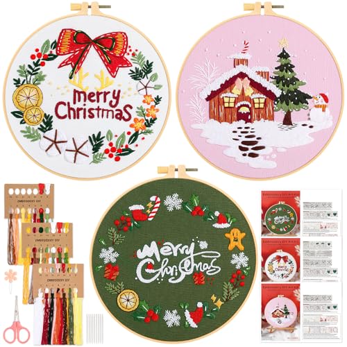 JSRQT 3 Stücke Weihnachten Gestempeltes Stickerei Starter Kit,DIY Handgemachte Stickerei Kreuzstich Set, Christmas Embroidery Starter Kit für Anfänger von JSRQT