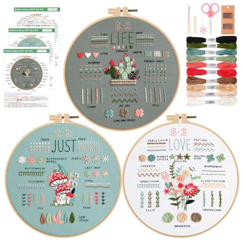 JSRQT 3 Stück Stickerei Starter Kit Anfänger, Stich Praxis Stickerei Kit Erwachsene Kinder zu lernen 35 Verschiedene Stitch, Handwerk Stickstich Übungsset Sticken set mit Anleitung Hoop Nadel und Garn von JSRQT