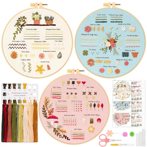 JSRQT 3 Stück Stickerei Kit für Anfänger, Stitch Practice Stickerei Kit zu Lernen, 30 Verschiedene Stiche, Blumen Kreuzstich Starter Kit Sticken set Erwachsene Kinder mit Video Hoop Nadel und Garn von JSRQT