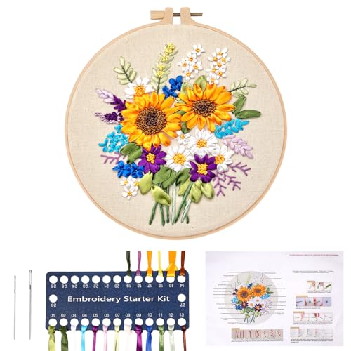 JSRQT 3D Band Stickerei Sets für Anfänger, Sonnenblume Gestempelte Kreuzstich Startersets, Nadelspitzen Stickerei Sets für Erwachsene, Handgefertigtes Stickset zum Selbermachen mit Nadel und Faden von JSRQT