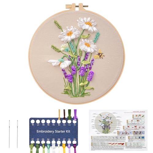 JSRQT 3D Band Stickerei Starter Sets für Anfänger, Nadelspitzen Sticksets für Erwachsene und Kinder, Kreuzstich Sets mit Blumenstempel, DIY Handwerk, Handgefertigtes DIY Stickset mit Nadel und Fäden von JSRQT