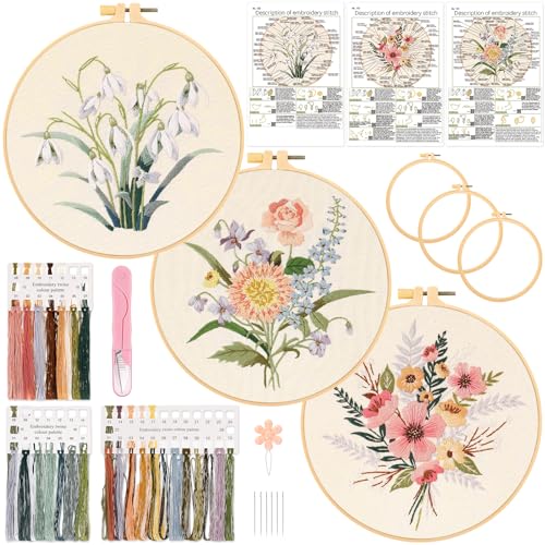 JSRQT 3 Sets Stickerei Set Blumen Anfänger Erwachsene, Gestempeltes Kreuzstich Sticken Kit, Handgefertigtes Nadelspitzen Stickset mit 3 Stoffen, 3 Stickrahmen, Nadel und Faden, für DIY Kunst Handwerk von JSRQT