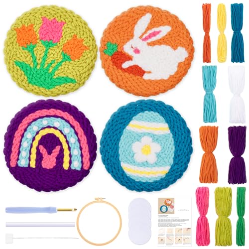 JSRQT 4 Stück Oster Punch Needle Untersetzer Set Anfänger, Stanznadel Stickereiset mit Blumenhasen-Ei-Muster, DIY Handwerk Kreuzstich Set Erwachsene Punch Needle Coaster Kit mit Punch Needle Werkzeug von JSRQT