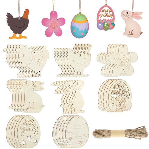 JSRQT 40 Stück Oster Holzanhänger zum Basteln, 8 Verschiedene Hasen-Ei-Designs Unfertige Holzanhänger Ornament, Leere Oster Holzscheiben Pendant mit Loch, DIY Kinder Bastelarbeit Party Hause Deko von JSRQT