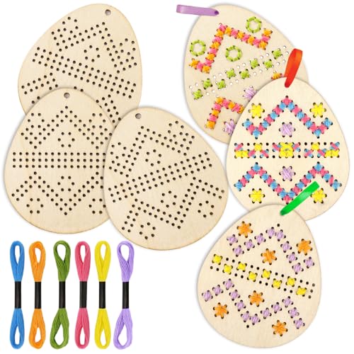 JSRQT 5 Stück Sticken Kinder Ostern Ostereier Wooden Cross Stitch Kits Stickbilder für Kinder DIY Holz Kreuzstich Set für Anfänger Kreuzstich-Set aus Holz Bastelsets Holznähen Kreuzstich Stick Set von JSRQT