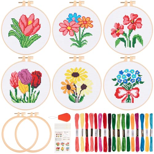 JSRQT 6 Sets Blumen Kreuzstich Starterset Anfänger, Kunst Näh Stickset für Erwachsene Kinder, Nadelspitzen Stickset Handgemachtes Stickerei Set mit 2 Stickrahmen für Bastelliebhaber Stickereibedarf von JSRQT