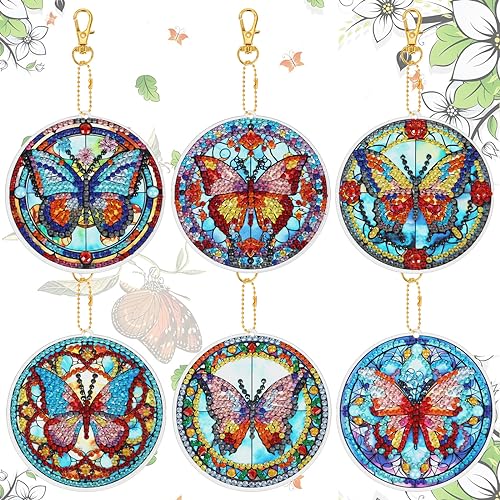 JSRQT 6 Stück 5D Schmetterling Diamant Malerei Schlüsselanhänger, Doppelseitiger DIY Diamond Art Painting Keychian, Mosaik Diamant Handwerk Anhänger Strass Stickerei Schlüsselbund für Frauen Mädchen von JSRQT