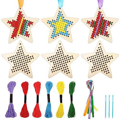 JSRQT 6 Stück Holz Kreuzstich Set Wooden Cross Stitch Kits Stern DIY Kinderkunst Kreuzstich-Set aus Holz Kreuzstich Holz Bastelsets für Kinder Anfänger Holznähen Kreuzstich Basteln und Nähen von JSRQT