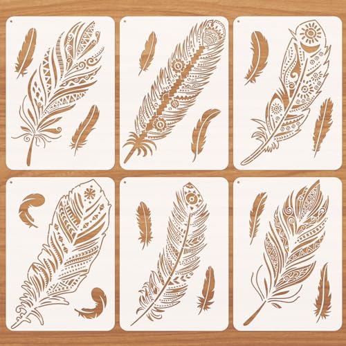 JSRQT 6 Stück Mandala Feather Painting Stencils Feder Stencil DIY Schablonen Vintage Art Schablonen Fenster Wiederverwendbar Waschbar Stencil Schablonen Malschablonen für Malerei Holz Wand Deko von JSRQT