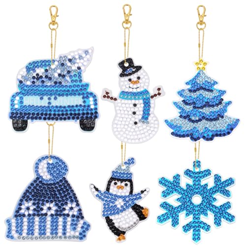 JSRQT 6 Stück Winter Diamant Malerei Schlüsselanhänger, 5D DIY Doppelseitiger Crystal Strass Mosaik Diamant Stickerei Keyrings, Schneeflocke Schneemann Baum Diamond Art Painting Anhänger für Dekor von JSRQT