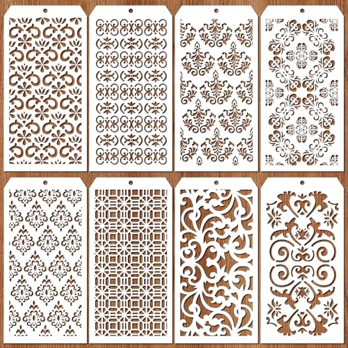 JSRQT 8 Stück Damast Schablonen,Damask Painting Stencils,Textur Malerei Schablonen Vorlage für Holz, Boden, Möbel,Kuchen,Wandgestaltung Deko 4.7 x 9.45” von JSRQT