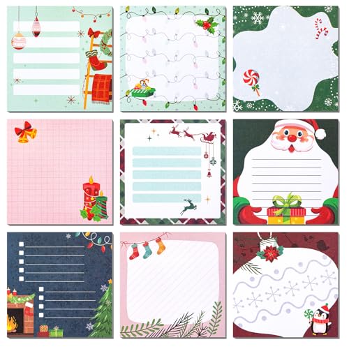 JSRQT 9 Pack Haftnotiz Weihnachten 3Inch, Weihnachten Selbstklebende Notizzettel, Haftnotiz Klebezettel Sticky Notes, Farbige Haftnotizen Selbstklebende Notizblöcke für Schule Büro Xmas Heimdekoration von JSRQT