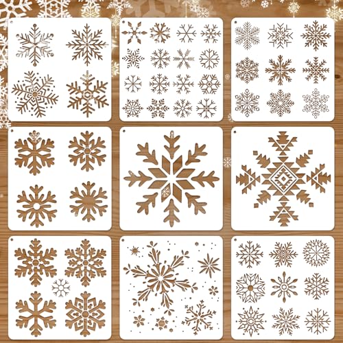 JSRQT 9 Stück Schneeflocken Schablonen zum Malen, Wiederverwendbare Weihnachts Schneeflocken Schablone aus Kunststoff, Gemischte Größe Snowflake Stencil Malschablonen Set für Fenster Wände Spray Kunst von JSRQT