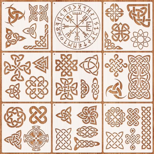 JSRQT 9 Stücke Keltisch Schablonen Set,Runen Schablonen,Wikinger-Symbol Wiederverwendbare Zeichnung Malschablonen Malen Schablonen Vorlagen 7.9 x 7.9” von JSRQT