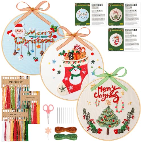 JSRQT Buntes Weihnachts Stickerei Kit, 3 Sets Sticksets Anfänger Erwachsene, Gestempeltes Kreuzstichset mit Buntes Weihnachtsmuster, Komplettes Stickerei Starter Kit mit Stickwerkzeug und Anleitung von JSRQT