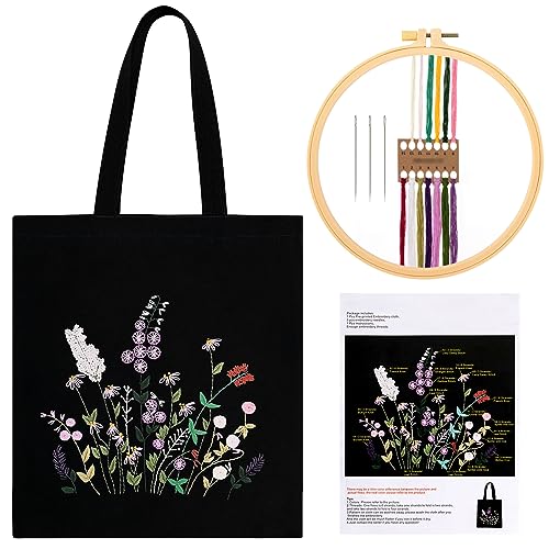 JSRQT Canvas Tote Bag Stickerei Set Anfänger, Stickerei Starter Set für Erwachsene, Canvas Taschen Kreuzstich Sets mit Blumenmuster, Handstickset mit Bambus Stickrahmen und Anleitung, Schwarz von JSRQT