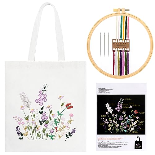 JSRQT Canvas Tote Bag Stickerei Set Anfänger, Stickerei Starter Set für Erwachsene, Canvas Taschen Kreuzstich Sets mit Blumenmuster, Handstickset mit Bambus Stickrahmen und Anleitung, Weiße von JSRQT