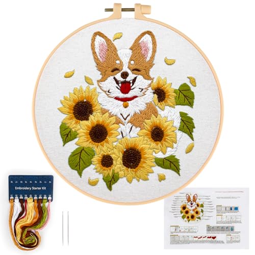 JSRQT Hunde Stickerei Set Anfänger mit Sonnenblumenmuster, Gestempeltes Kreuzstich Starterset für Erwachsene, Komplettes Stickenset Handgemachte Nadelspitzen Stickset mit Anleitung Nadel und Faden von JSRQT