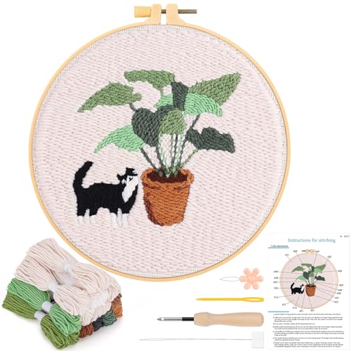 JSRQT Katze Punch Needle Stickerei Set, Stanznadel Stick Starter Set mit Süßes Katzenmuster für Erwachsene Kinder, Handarbeits DIY Stickerei Set Anfänger mit Stickrahmen, Anleitung, Nadel und Fäden von JSRQT