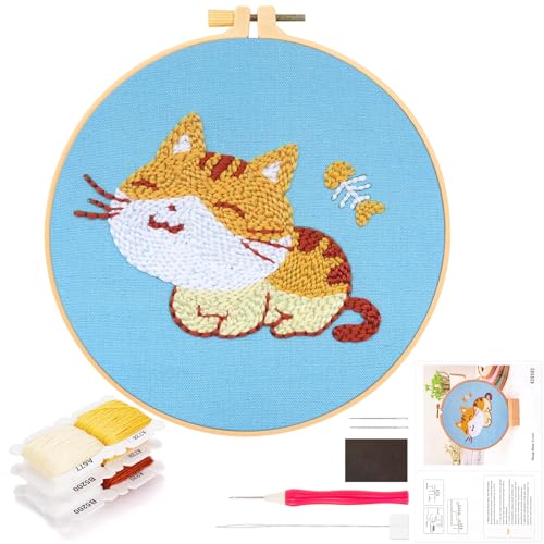 JSRQT Katze Stanznadel Stickerei Starter Kit für Kinder Erwachsene,Punch Needle Stickerei Set für Anfänger,Punch Needle Anfänger Handarbeit Set mit Stoff,Fäden,Einfädelhilfe von JSRQT