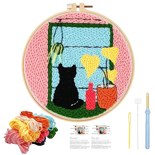 JSRQT Kit Punch Needle Debutant Katze Stanznadel Stickerei Starter Kit für Anfänger Kinder Erwachsene Punch Needle Embroidery Starter Kit Broderie Debutant mit Instruction Stanznadelstoff Muster Set von JSRQT