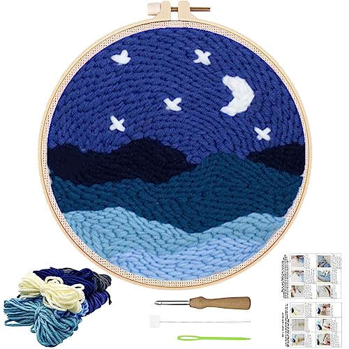 JSRQT Kit Punch Needle Debutant Mond Stanznadel Stickerei Starter Kit für Anfänger Kinder Erwachsene Punch Needle Embroidery Starter Kit Broderie Debutant mit Instruction Stanznadelstoff Muster Set von JSRQT