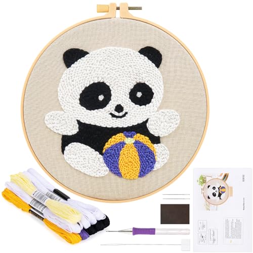 JSRQT Panda Stanznadel Stickerei Starter Kit für Kinder Erwachsene,Punch Needle Stickerei Set für Anfänger,Punch Needle Anfänger Handarbeit Set mit Stoff,Fäden,Einfädelhilfe von JSRQT