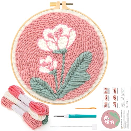 JSRQT Punch Needle Anfänger Handarbeit Set,Stanznadel Stickerei Starter Kit,Stanzer Embroidery Starter Kits Rosa Blumen, Garn, Stickrahmen, Einfädler-Werkzeug für Stanznadel von JSRQT