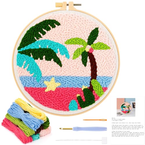 JSRQT Punch Needle Stickerei Set für Anfänger, Stanznadel Stickerei Starter Kit,Punch Needle Embroidery Starter Kit,Starter Stanznadelstoff Muster Set (Strand Landschaft) von JSRQT