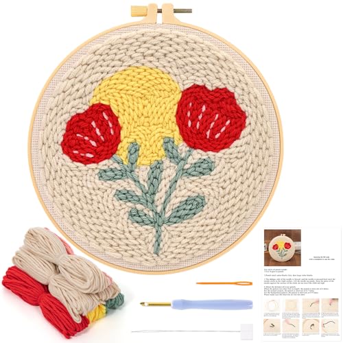 JSRQT Punch Needle Stickerei Set für Anfänger, Stanznadel Stickerei Starter Kit,Starter Stanznadelstoff Set mit Blumenmuster,Einfädler-Werkzeug für Stanznade von JSRQT