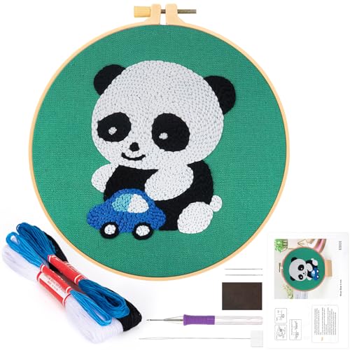 JSRQT Punch Needle Stickerei Set für Anfänger,Panda Stanznadel Stickerei Starter Kit,Starter Stanznadelstoff Muster Set, Einfädler-Werkzeug für Stanznadel von JSRQT