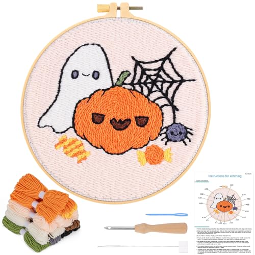 JSRQT Punch Needle Stickerei Set für Anfänger Halloween Schädel Kürbis Stanznadel Stickerei Starter Kit Starter Stanznadelstoff Muster Set für Kinder Broderie Kit DIY Stickerei Set Basteln Geschenk von JSRQT