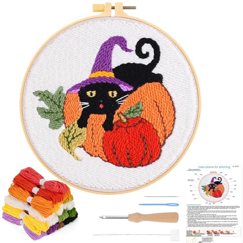 JSRQT Punch Needle Stickerei Set für Anfänger Halloween Stanznadel Stickerei Starter Kit Katze Kürbis Starter Stanznadelstoff Muster Set für Kinder Broderie Kit DIY Stickerei Set Basteln Geschenk von JSRQT