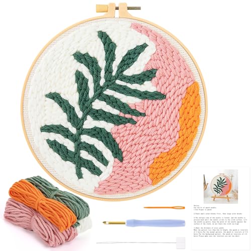 JSRQT Stanznadel Set Blätter für Anfänger, Stanznadel Stickerei Starter Set für Erwachsene, Teppich Haken Anfänger Sets mit Blattmuster, DIY Punch Needle Starter Set mit Nadel und Faden, Stickrahmen von JSRQT