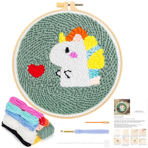 JSRQT Stanznadel Stickerei Starter Kit Einhorn Kit Punch Needle Debutant für Anfänger Kinder Erwachsene Punch Needle Embroidery Starter Kit Broderie Stanznadelstoff Muster Set mit Instruction von JSRQT