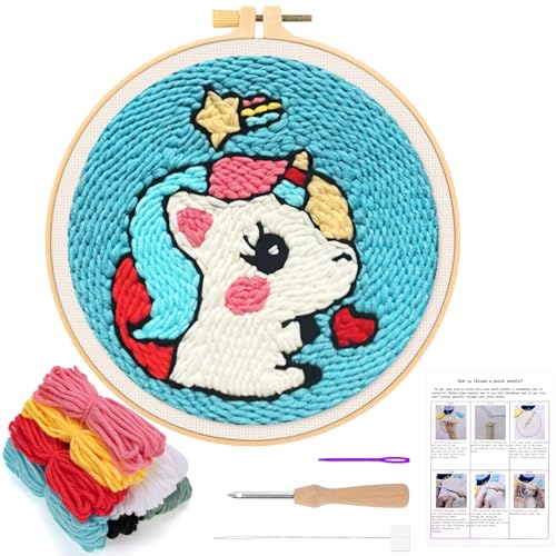 JSRQT Stanznadel Stickerei Starter Kit Einhorn Kit Punch Needle Debutant für Anfänger Punch Needle Embroidery Starter Kit Broderie mit Instruction Stanznadelstoff Muster Set für Kinder Erwachsene von JSRQT