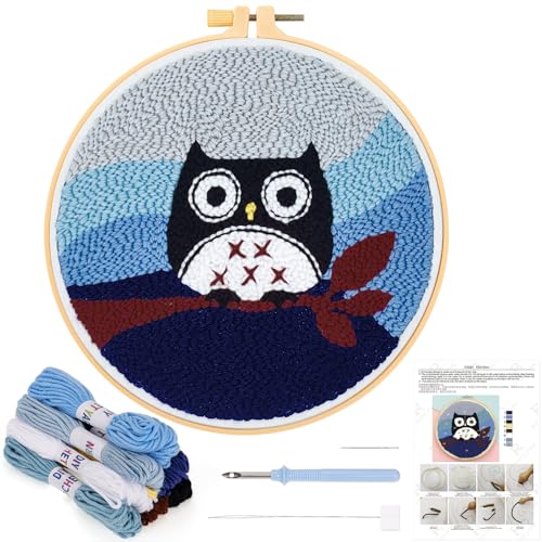 JSRQT Stanznadel Stickerei Starter Kit Eule Punch Needle Debutant für Anfänger Punch Needle Embroidery Starter Kit Broderie Debutant Stanznadelstoff Muster Set für Kinder Erwachsene von JSRQT