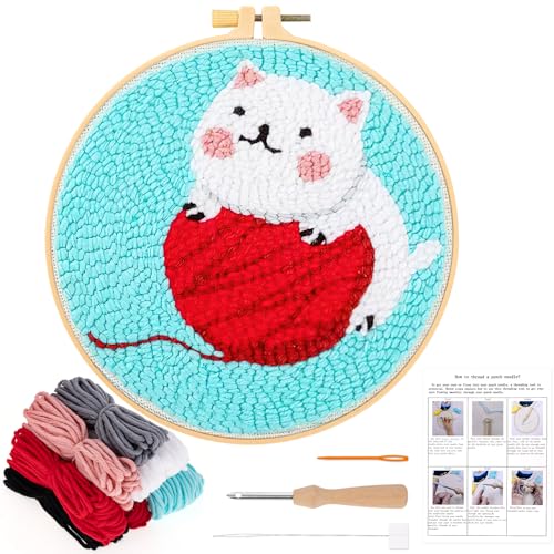 JSRQT Stanznadel Stickerei Starter Kit Katze Kit Punch Needle Debutant für Anfänger Kinder Erwachsene Punch Needle Embroidery Starter Kit Broderie mit Instruction Stanznadelstoff Muster Set von JSRQT