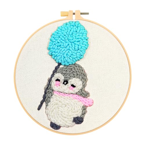 JSRQT Stanznadel Stickerei Starter Kit Pinguin Punch Needle Debutant für Anfänger Punch Needle Embroidery Starter Kit Broderie Debutant für Kinder Erwachsene Stanznadelstoff Muster Set mit Instruction von JSRQT