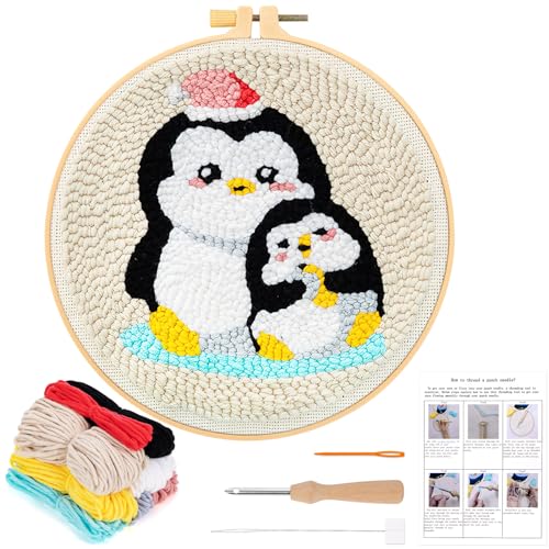 JSRQT Stanznadel Stickerei Starter Kit Pinguin Punch Needle Debutant für Kinder Erwachsene Punch Needle Embroidery Starter Kit Broderie Debutant Stanznadelstoff Muster Set für Anfänger von JSRQT