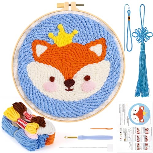 JSRQT Stanznadel Stickerei Starter Kit Punch Needle Debutant für Anfänger Punch Needle Embroidery Starter Kit Broderie Debutant Stanznadelstoff Muster Set für Kinder Erwachsene (Fuchs) von JSRQT