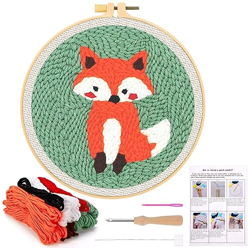 JSRQT Stanznadel Stickerei Starter Kit Punch Needle Debutant für Anfänger Punch Needle Embroidery Starter Kit Broderie Debutant mit Instruction Stanznadelstoff Muster Set für Kinder Erwachsene (Fuchs) von JSRQT