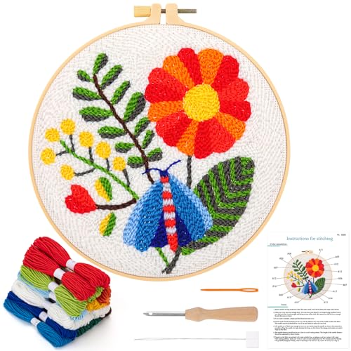 JSRQT Stanznadel Stickerei Starter Kit für Anfänger,Punch Needle Embroidery Starter Kit, DIY Stanznadel Kit mit Stickrahmen,Punch Needle Stoff,Fäden,Einfädelhilfe(Blumen und Insekten) von JSRQT