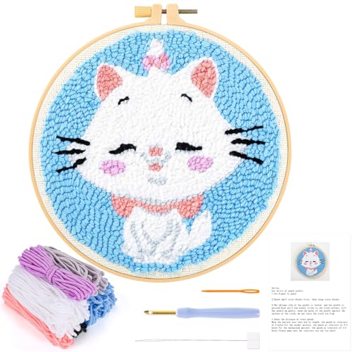 JSRQT Stanznadel Stickerei Starter Kit für Anfänger,Punch Needle Embroidery Starter Kit, DIY Stanznadel Kit mit Stickrahmen,Punch Needle Stoff,Fäden,Einfädelhilfe（Weiße Katze） von JSRQT