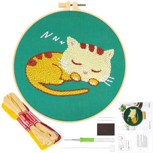 JSRQT Stanznadel Stickerei Starter Kit für Anfänger,Punch Needle Embroidery Starter Kit, DIY Stanznadel Kit mit Stickrahmen,Punch Needle Stoff,Fäden,Einfädelhilfe (Katze) von JSRQT